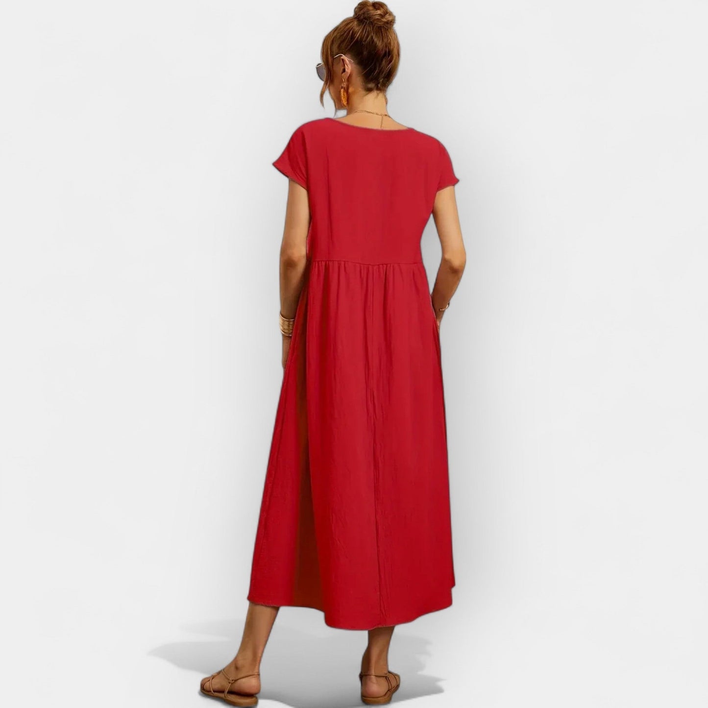 Damen-Midikleid mit kurzen Ärmeln und Seitentaschen-Midi Dress-Alpenkind
