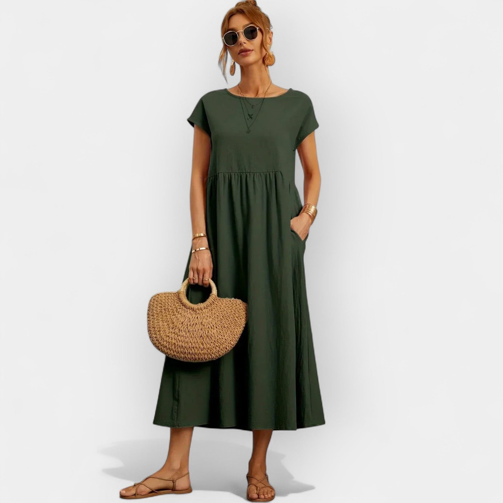 Damen-Midikleid mit kurzen Ärmeln und Seitentaschen-Midi Dress-Alpenkind