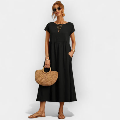 Damen-Midikleid mit kurzen Ärmeln und Seitentaschen-Midi Dress-Alpenkind