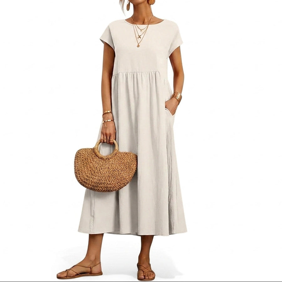 Damen-Midikleid mit kurzen Ärmeln und Seitentaschen-Midi Dress-Alpenkind