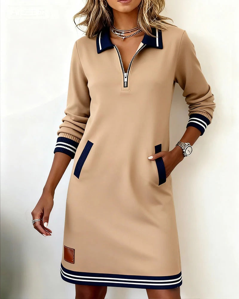 Damen-Midikleid mit Polokragen und Frontreißverschluss-Midi Dress-Alpenkind