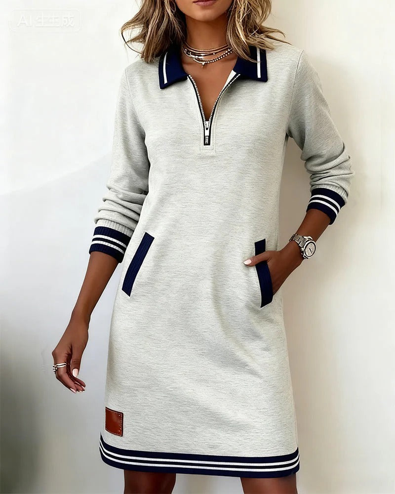 Damen-Midikleid mit Polokragen und Frontreißverschluss-Midi Dress-Alpenkind