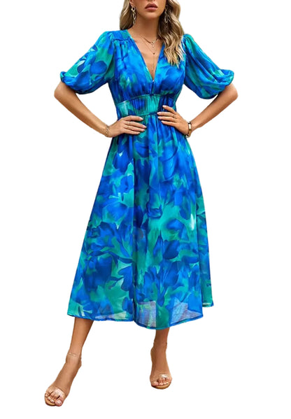 Damen Midikleid mit Print und Puffärmeln-Midi Dress-Alpenkind