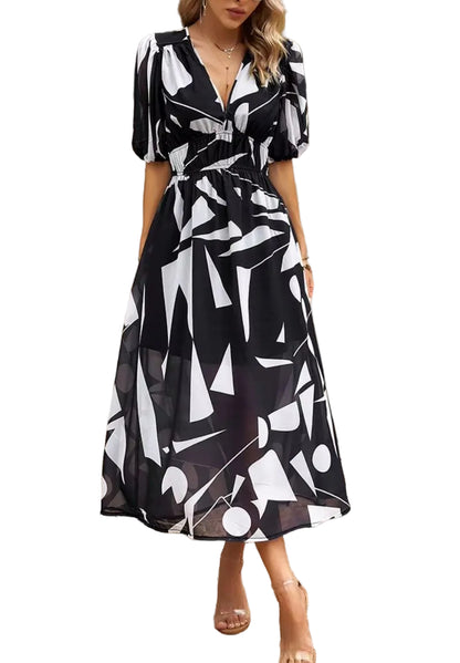 Damen Midikleid mit Print und Puffärmeln-Midi Dress-Alpenkind
