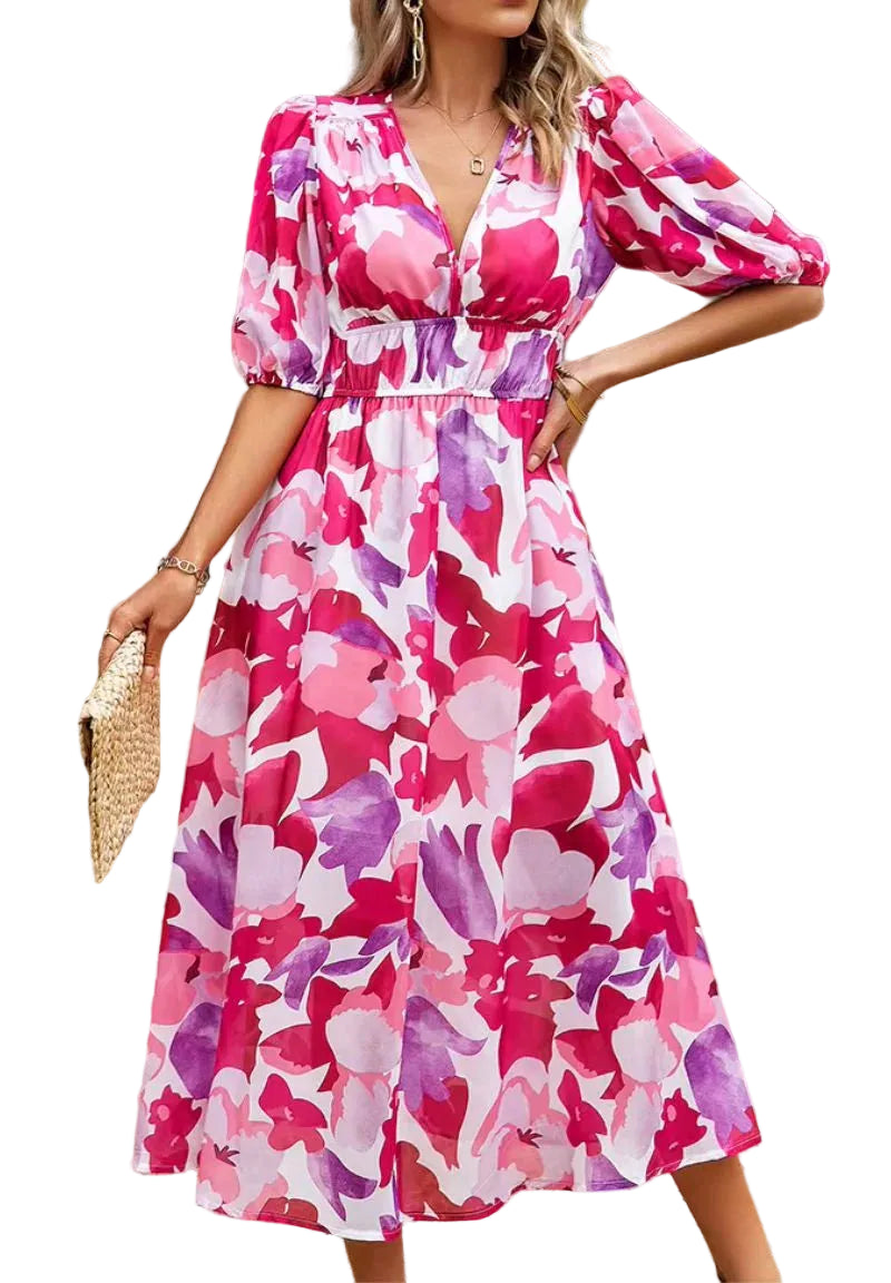 Damen Midikleid mit Print und Puffärmeln-Midi Dress-Alpenkind