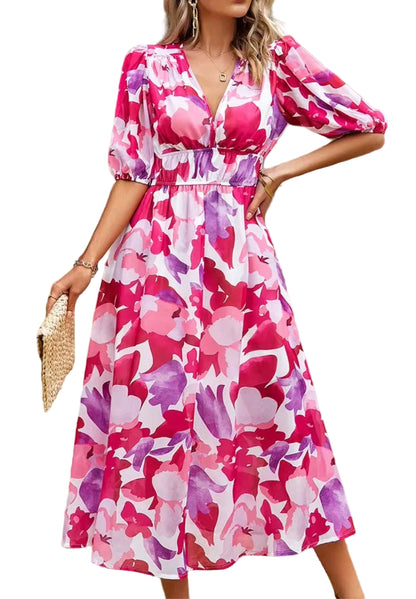 Damen Midikleid mit Print und Puffärmeln-Midi Dress-Alpenkind