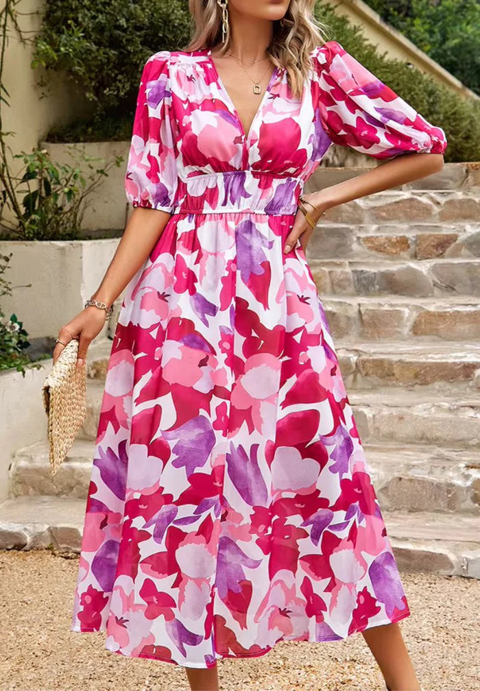 Damen Midikleid mit Print und Puffärmeln-Midi Dress-Alpenkind