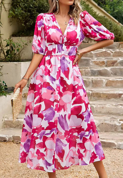 Damen Midikleid mit Print und Puffärmeln-Midi Dress-Alpenkind