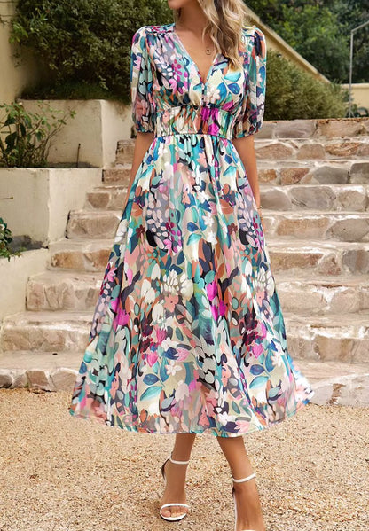 Damen Midikleid mit Print und Puffärmeln-Midi Dress-Alpenkind
