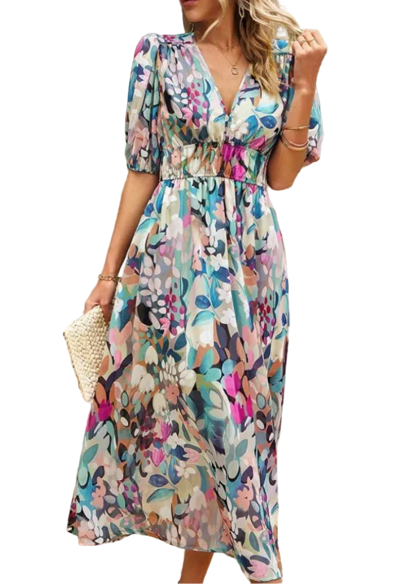 Damen Midikleid mit Print und Puffärmeln-Midi Dress-Alpenkind