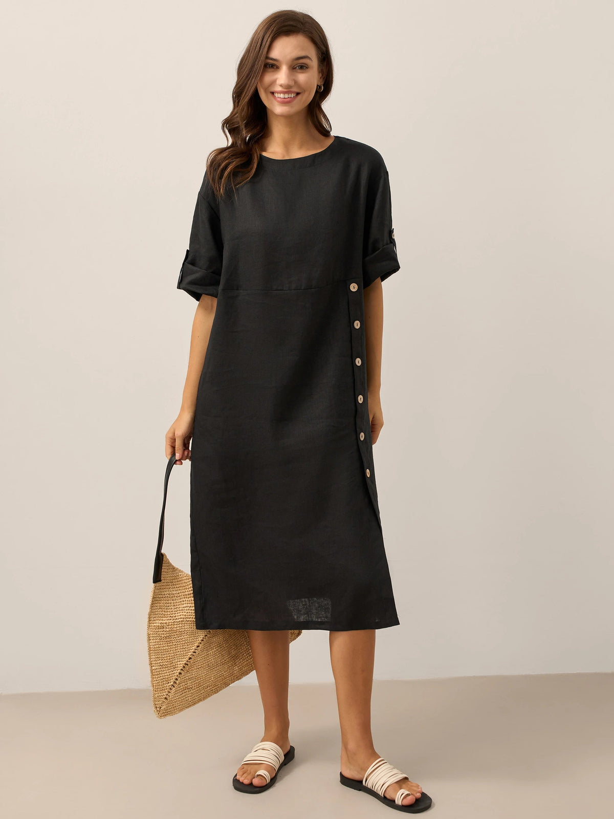 Damen-Midikleid mit Rundhalsausschnitt und seitlicher Knopfleiste-Midi Dress-Alpenkind