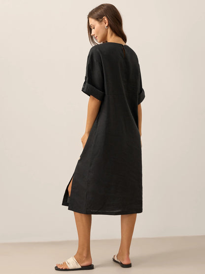Damen-Midikleid mit Rundhalsausschnitt und seitlicher Knopfleiste-Midi Dress-Alpenkind