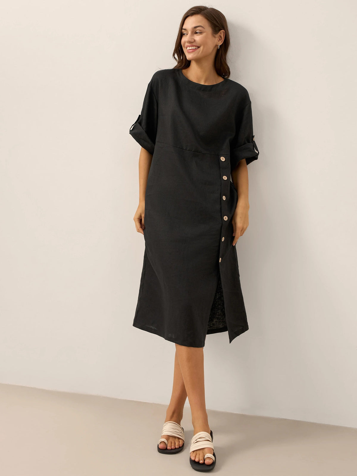 Damen-Midikleid mit Rundhalsausschnitt und seitlicher Knopfleiste-Midi Dress-Alpenkind