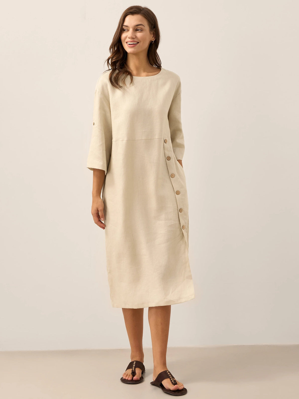 Damen-Midikleid mit Rundhalsausschnitt und seitlicher Knopfleiste-Midi Dress-Alpenkind