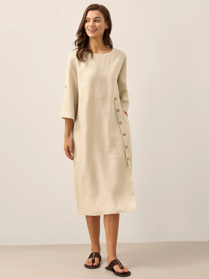 Damen-Midikleid mit Rundhalsausschnitt und seitlicher Knopfleiste-Midi Dress-Alpenkind