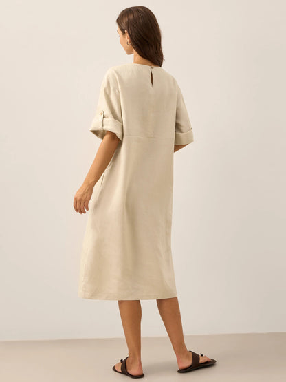 Damen-Midikleid mit Rundhalsausschnitt und seitlicher Knopfleiste-Midi Dress-Alpenkind