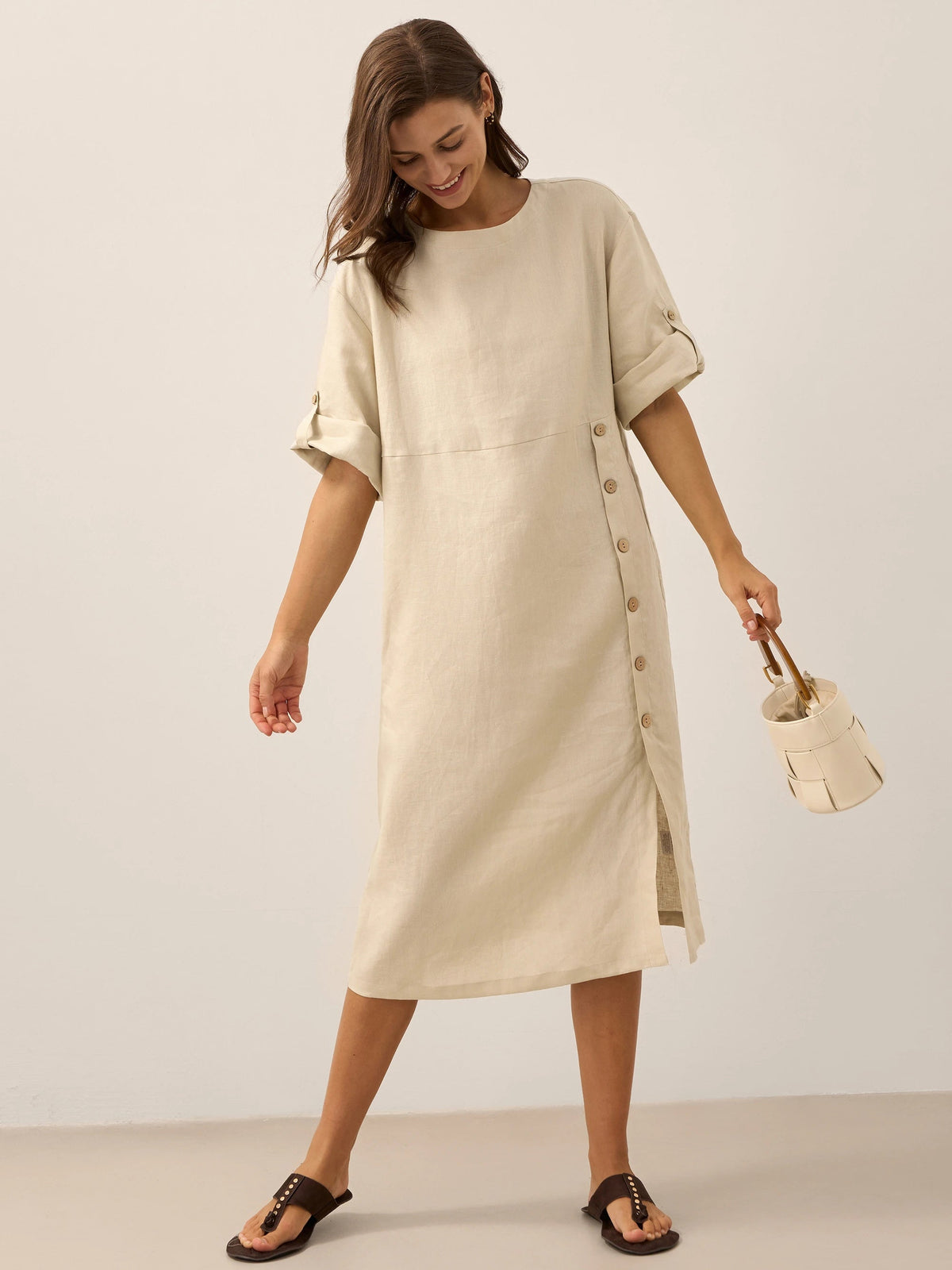 Damen-Midikleid mit Rundhalsausschnitt und seitlicher Knopfleiste-Midi Dress-Alpenkind