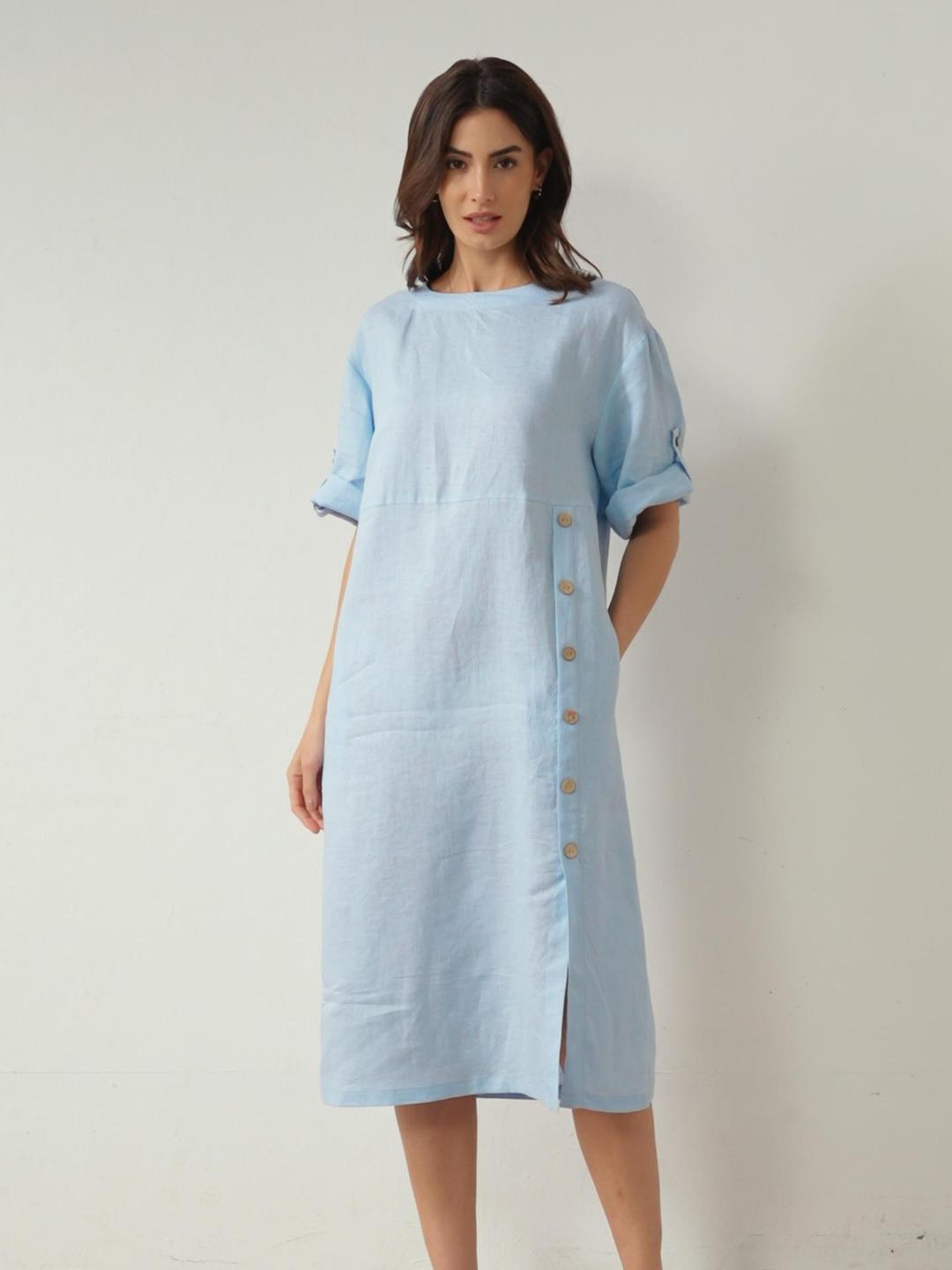 Damen-Midikleid mit Rundhalsausschnitt und seitlicher Knopfleiste-Midi Dress-Alpenkind