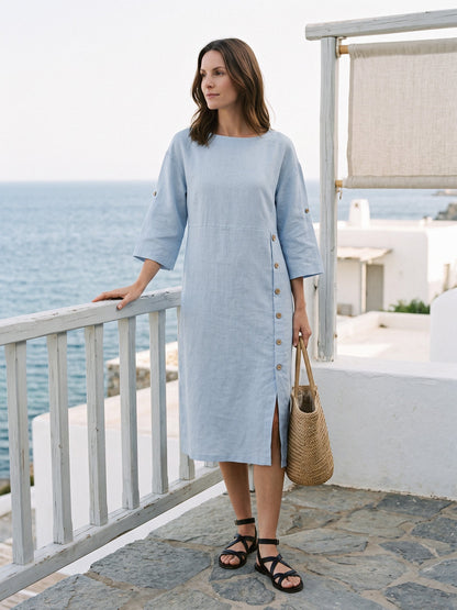 Damen-Midikleid mit Rundhalsausschnitt und seitlicher Knopfleiste-Midi Dress-Alpenkind