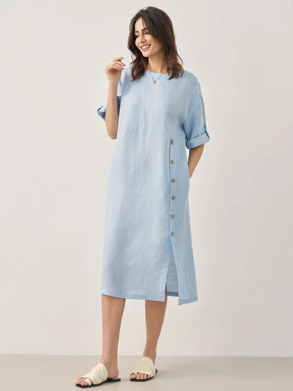 Damen-Midikleid mit Rundhalsausschnitt und seitlicher Knopfleiste-Midi Dress-Alpenkind