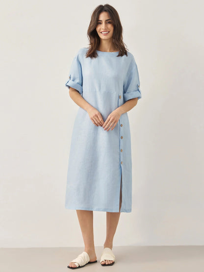 Damen-Midikleid mit Rundhalsausschnitt und seitlicher Knopfleiste-Midi Dress-Alpenkind