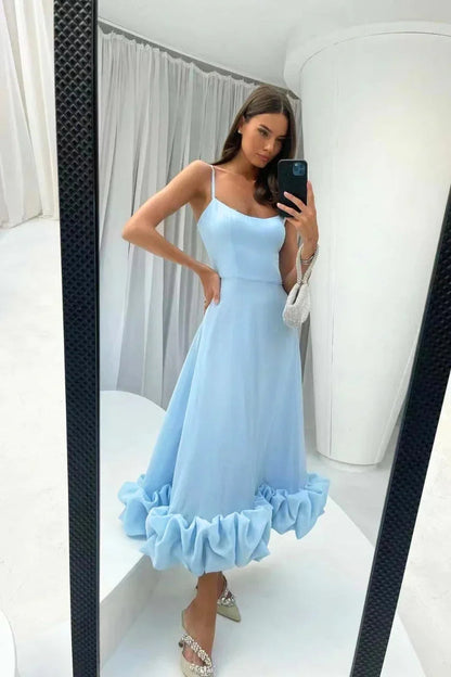 Damen-Midikleid mit Spaghettiträgern und Rüschensaum-Maxi Dress-Alpenkind