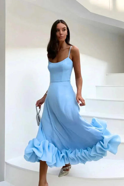 Damen-Midikleid mit Spaghettiträgern und Rüschensaum-Maxi Dress-Alpenkind