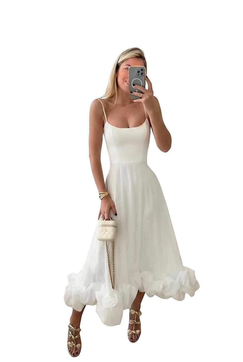 Damen-Midikleid mit Spaghettiträgern und Rüschensaum-Maxi Dress-Alpenkind