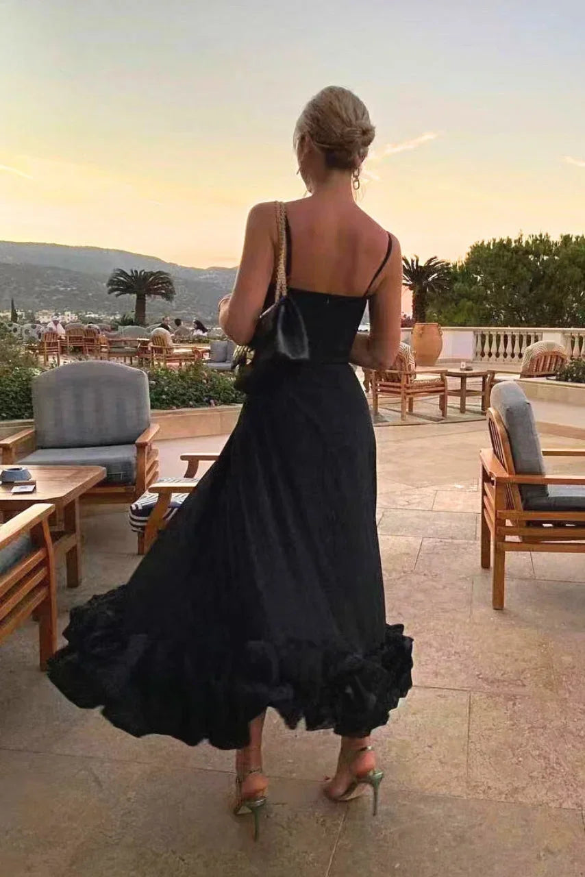 Damen-Midikleid mit Spaghettiträgern und Rüschensaum-Maxi Dress-Alpenkind