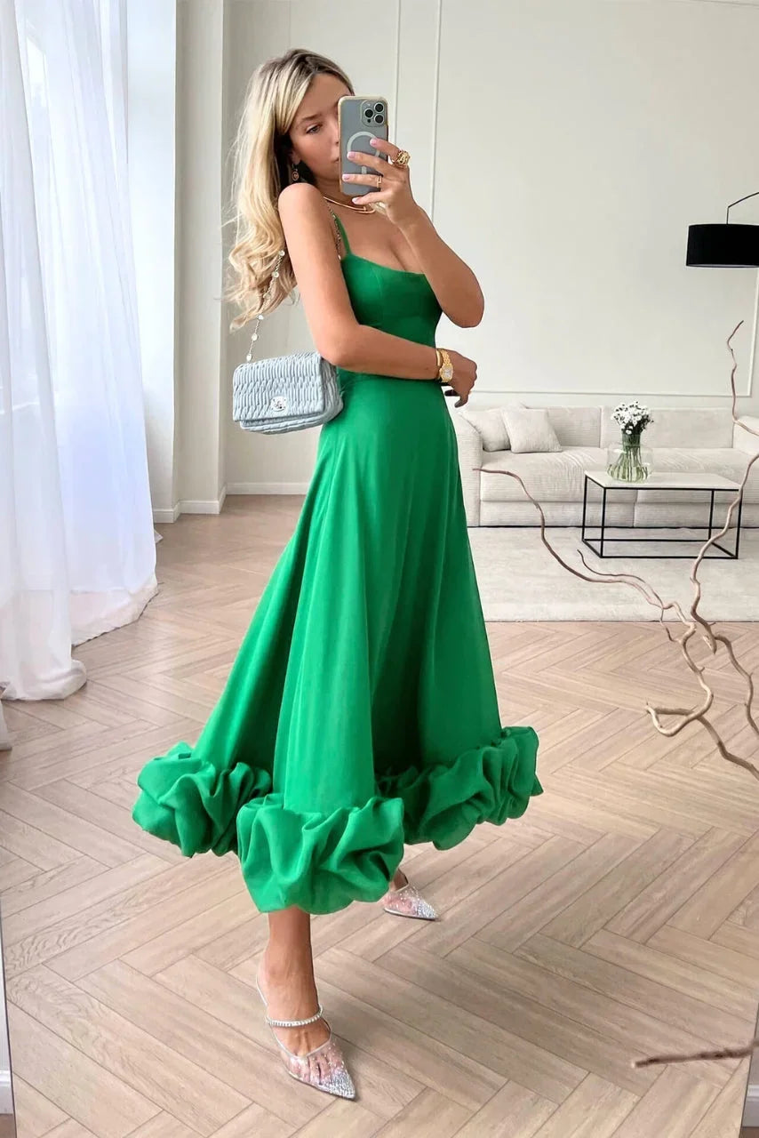 Damen-Midikleid mit Spaghettiträgern und Rüschensaum-Maxi Dress-Alpenkind