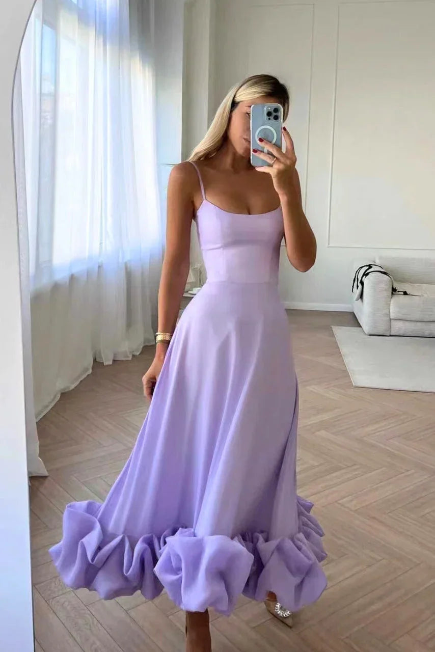 Damen-Midikleid mit Spaghettiträgern und Rüschensaum-Maxi Dress-Alpenkind