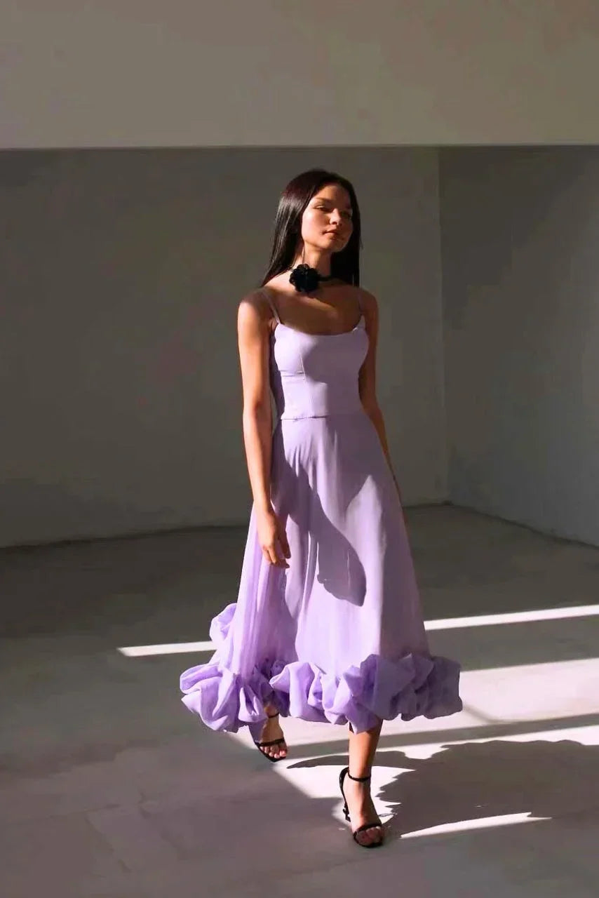Damen-Midikleid mit Spaghettiträgern und Rüschensaum-Maxi Dress-Alpenkind