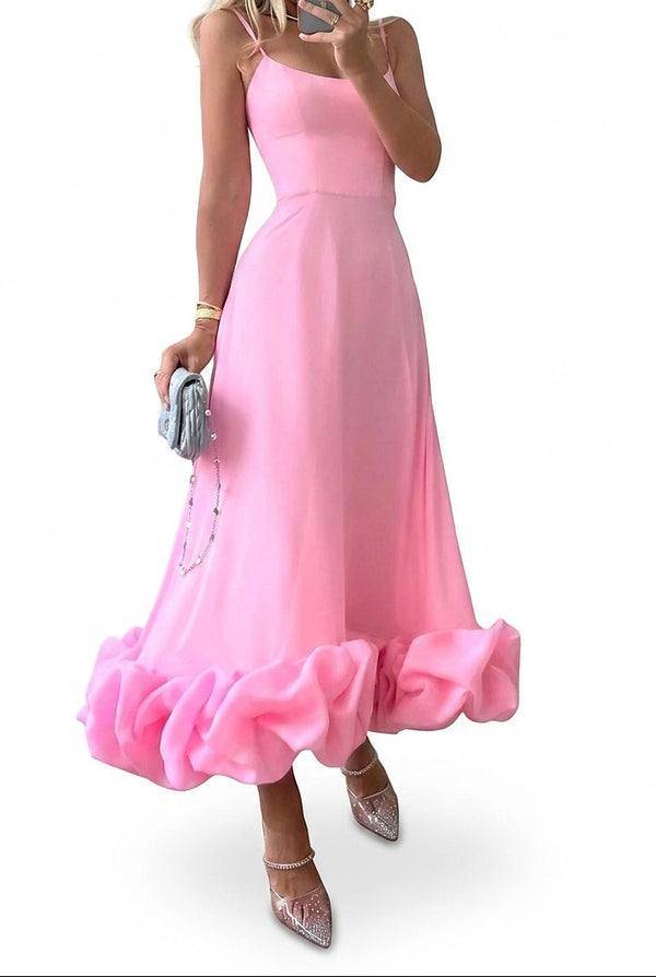 Damen-Midikleid mit Spaghettiträgern und Rüschensaum-Maxi Dress-Alpenkind