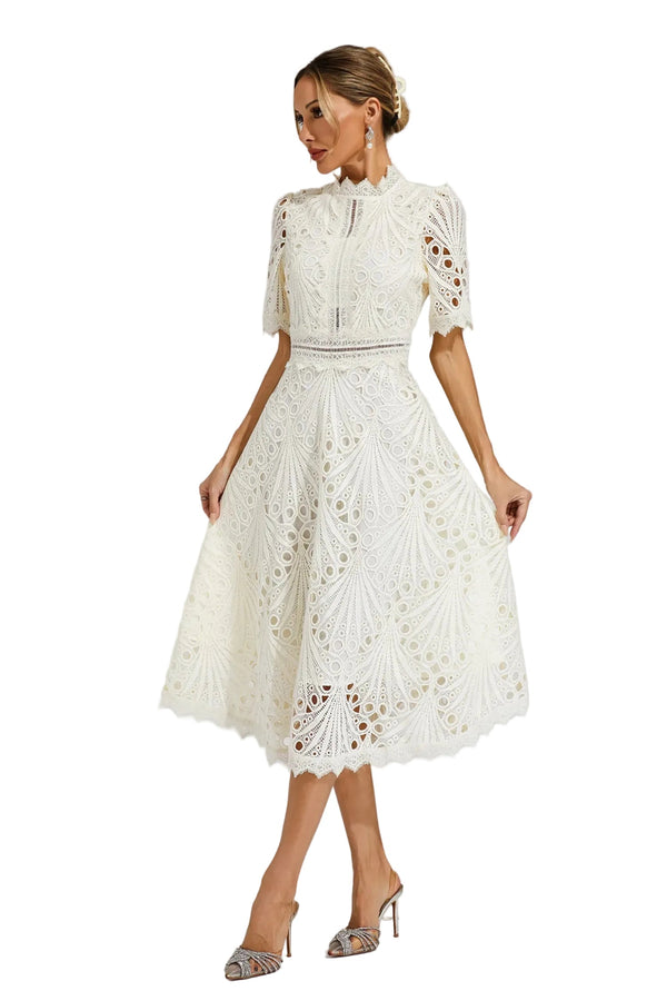 Damen Midikleid mit Spitzenstruktur und Stehkragen-Midi Dress-Alpenkind