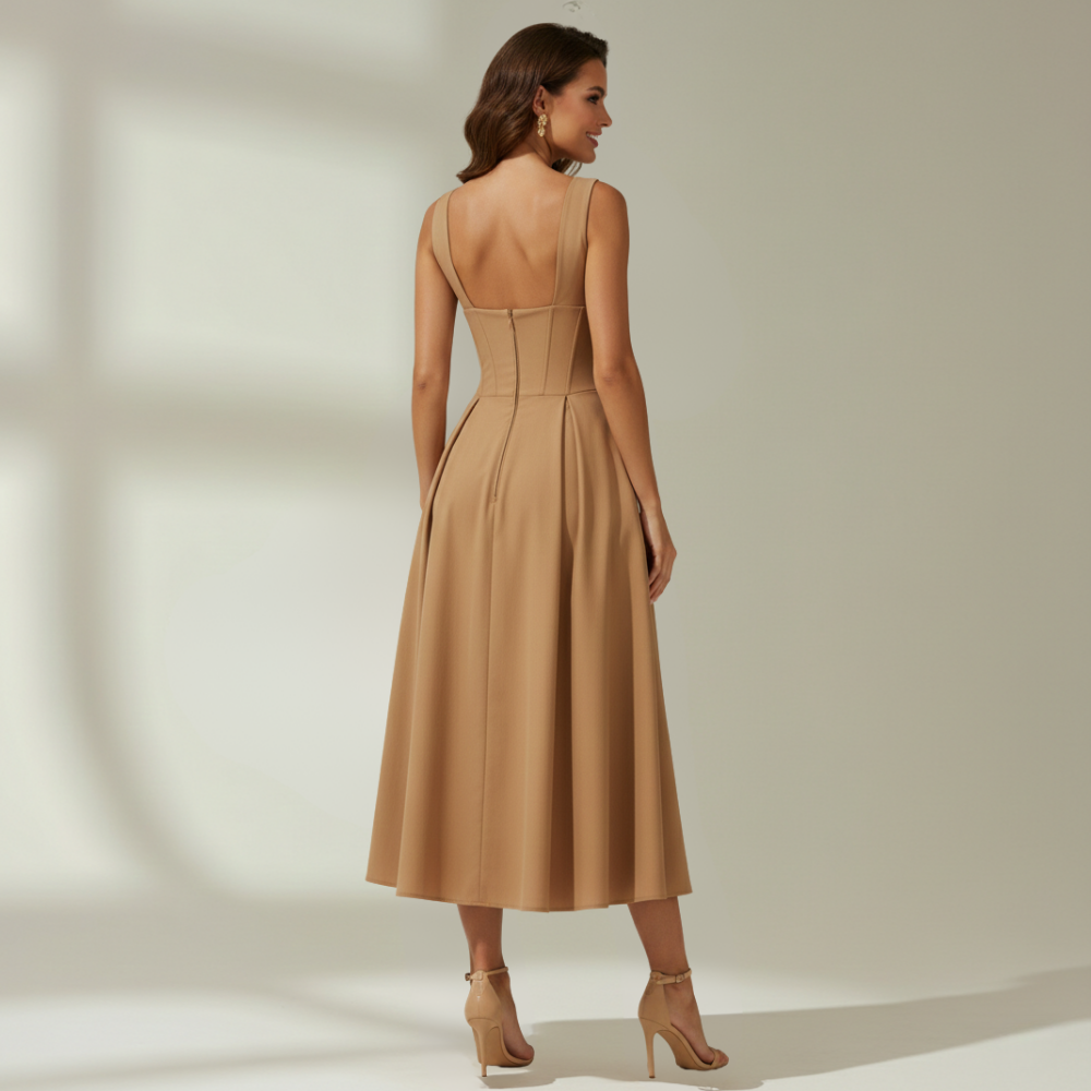 Damen Midikleid mit tiefem V-Ausschnitt und ärmellosem Oberteil-Midi Dress-Alpenkind