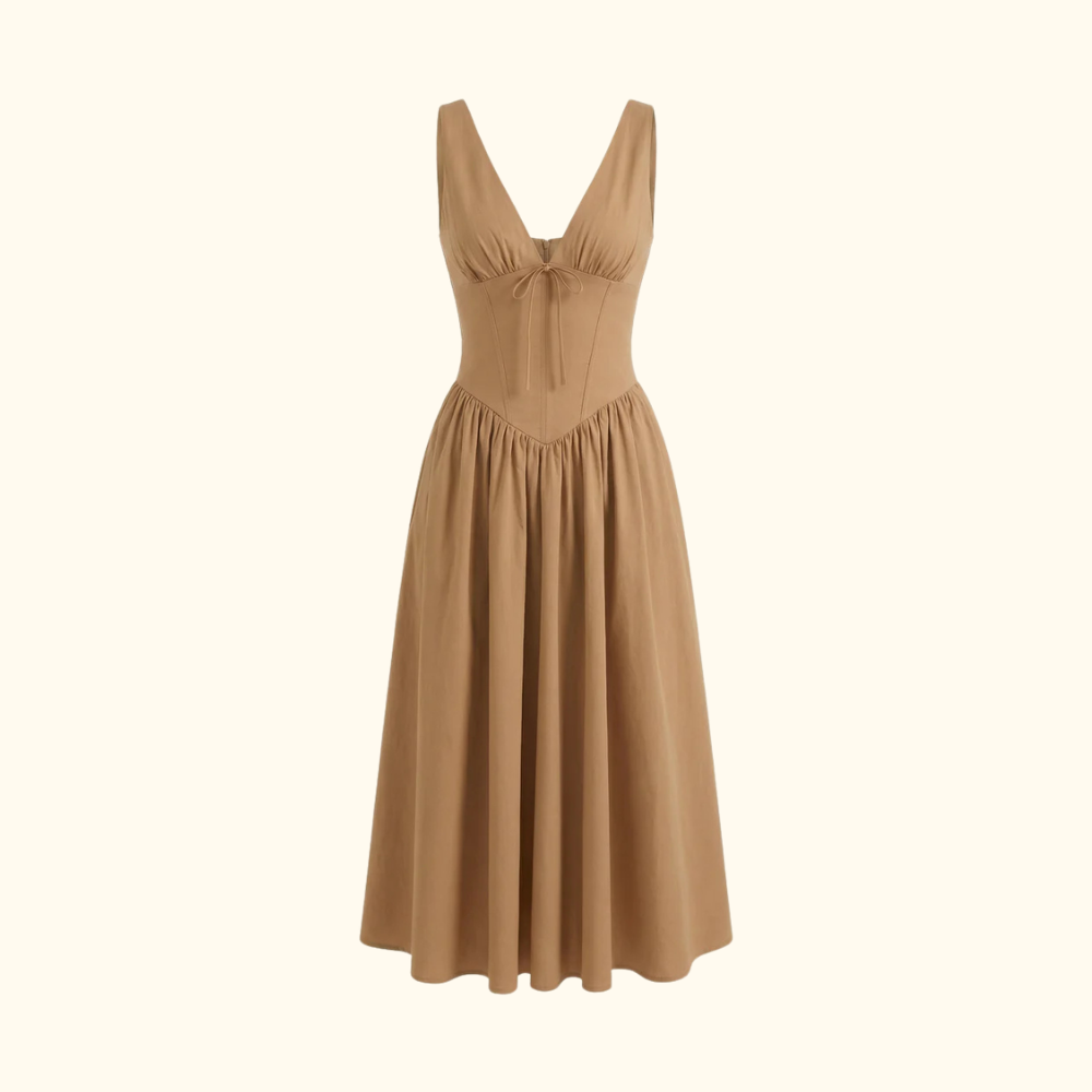 Damen Midikleid mit tiefem V-Ausschnitt und ärmellosem Oberteil-Midi Dress-Alpenkind