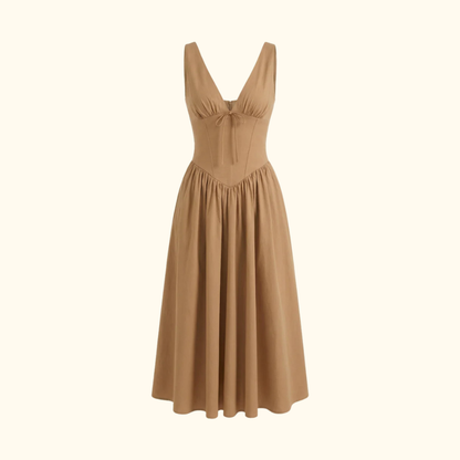 Damen Midikleid mit tiefem V-Ausschnitt und ärmellosem Oberteil-Midi Dress-Alpenkind