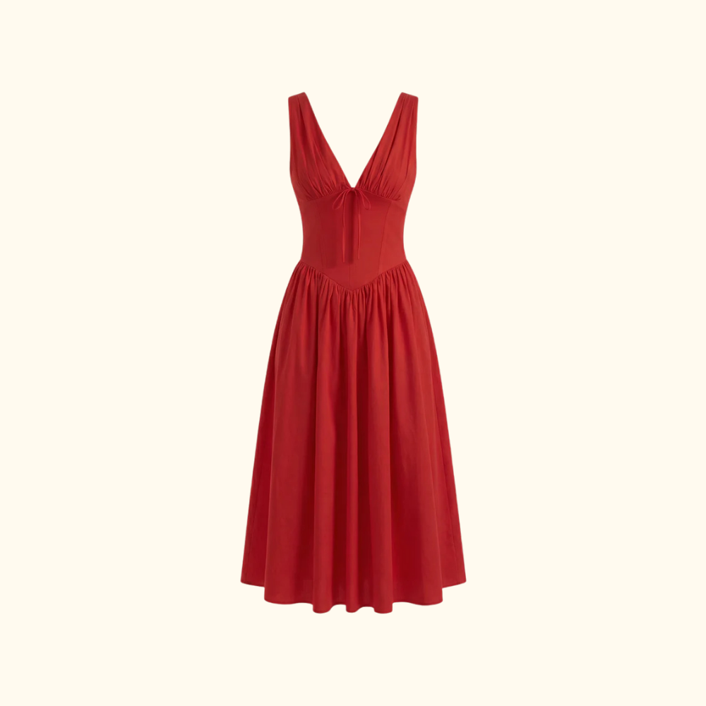 Damen Midikleid mit tiefem V-Ausschnitt und ärmellosem Oberteil-Midi Dress-Alpenkind