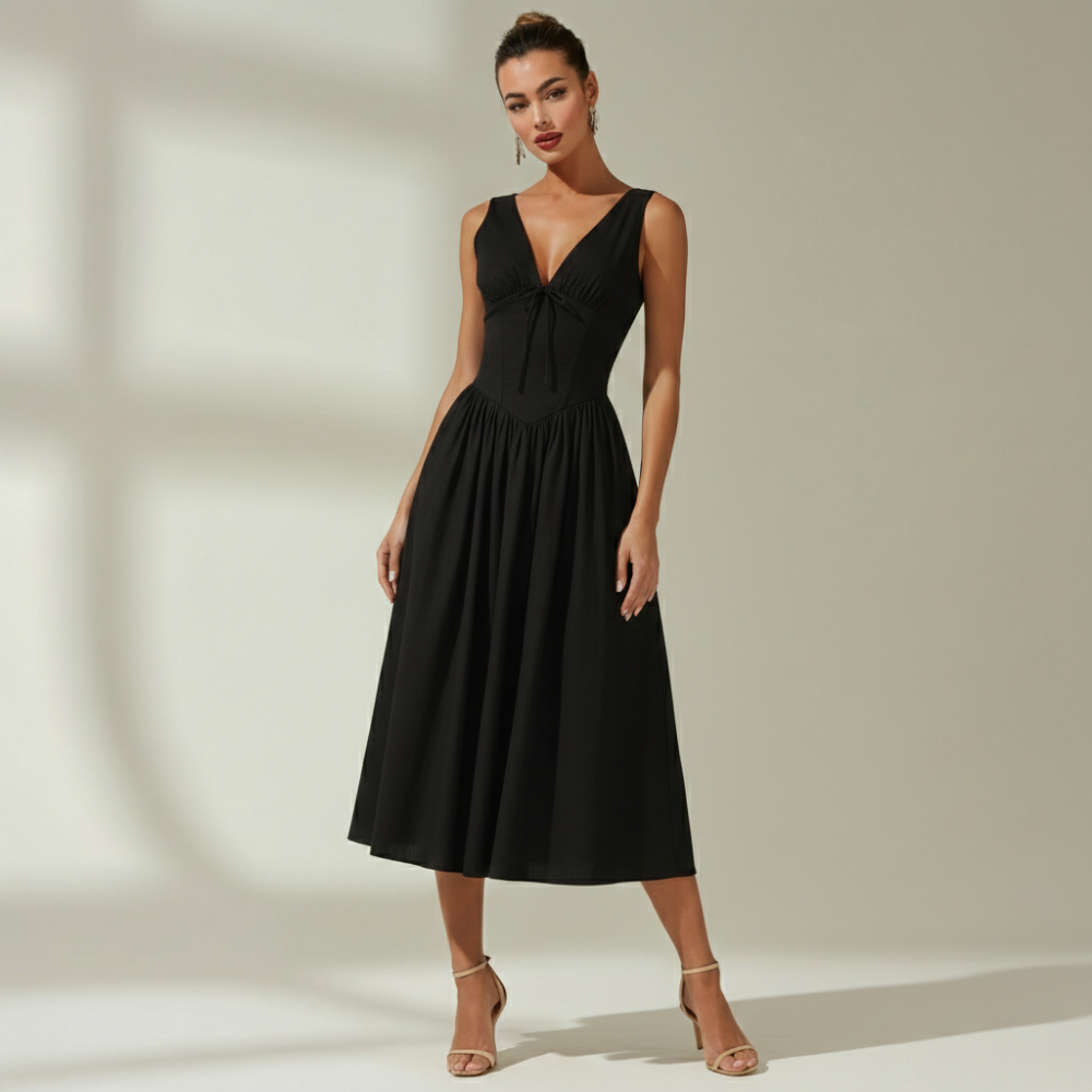 Damen Midikleid mit tiefem V-Ausschnitt und ärmellosem Oberteil-Midi Dress-Alpenkind