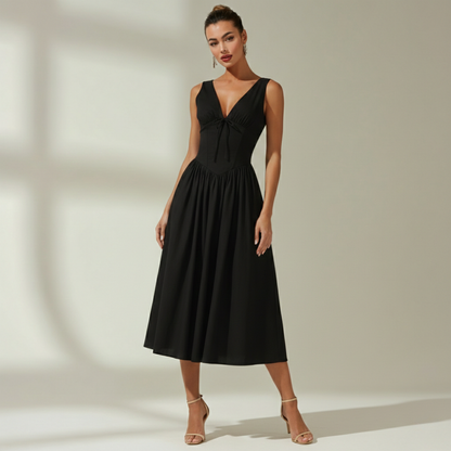 Damen Midikleid mit tiefem V-Ausschnitt und ärmellosem Oberteil-Midi Dress-Alpenkind