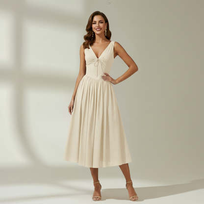 Damen Midikleid mit tiefem V-Ausschnitt und ärmellosem Oberteil-Midi Dress-Alpenkind