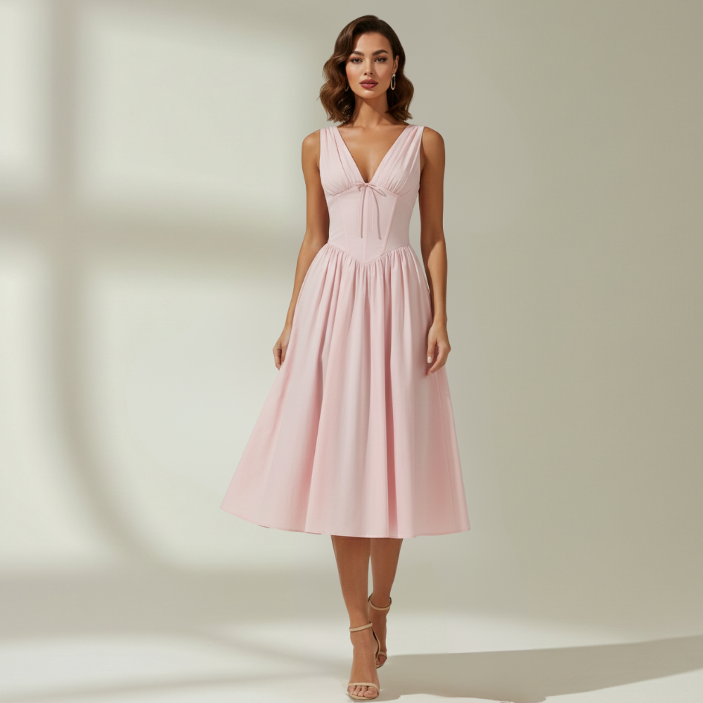 Damen Midikleid mit tiefem V-Ausschnitt und ärmellosem Oberteil-Midi Dress-Alpenkind