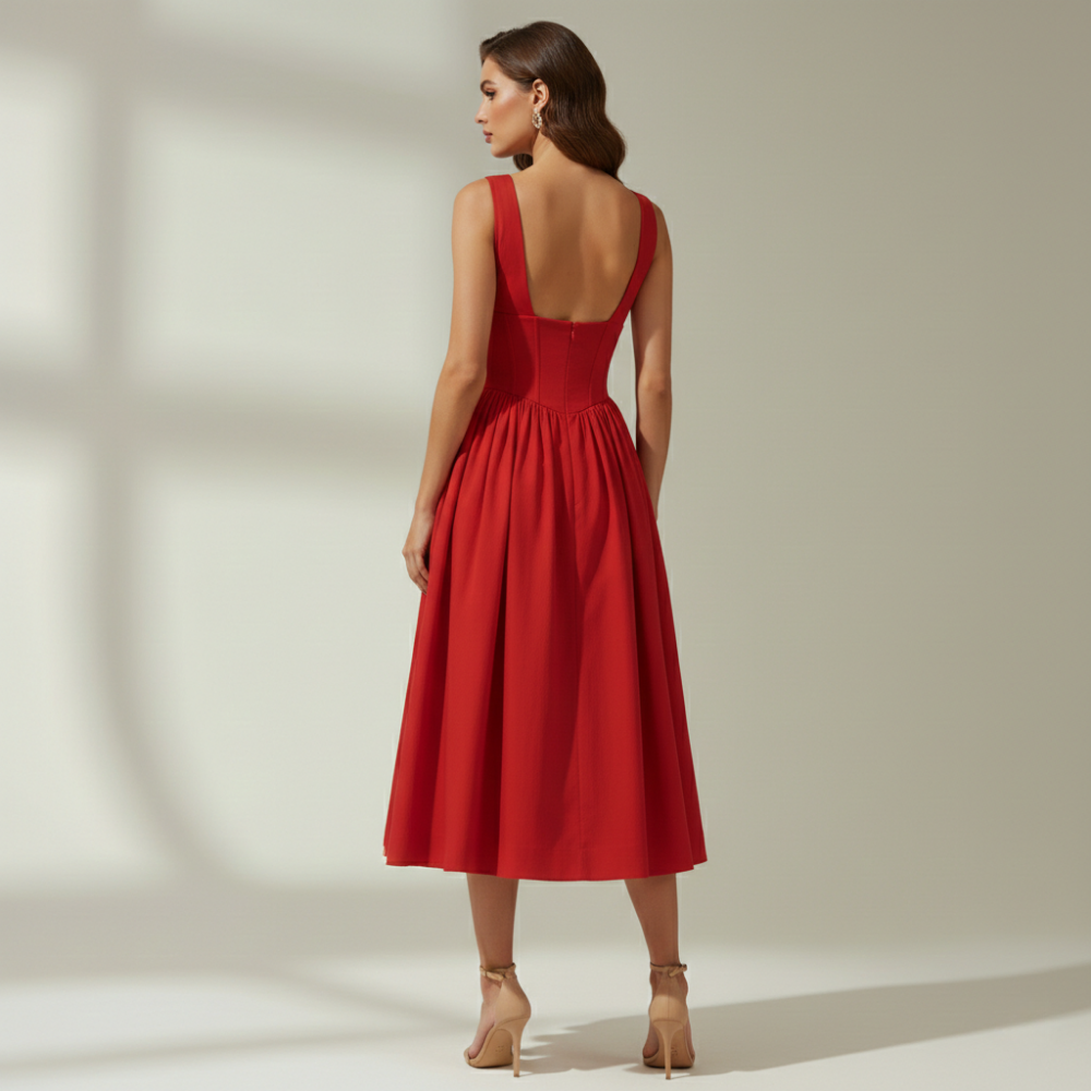 Damen Midikleid mit tiefem V-Ausschnitt und ärmellosem Oberteil-Midi Dress-Alpenkind