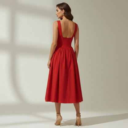 Damen Midikleid mit tiefem V-Ausschnitt und ärmellosem Oberteil-Midi Dress-Alpenkind