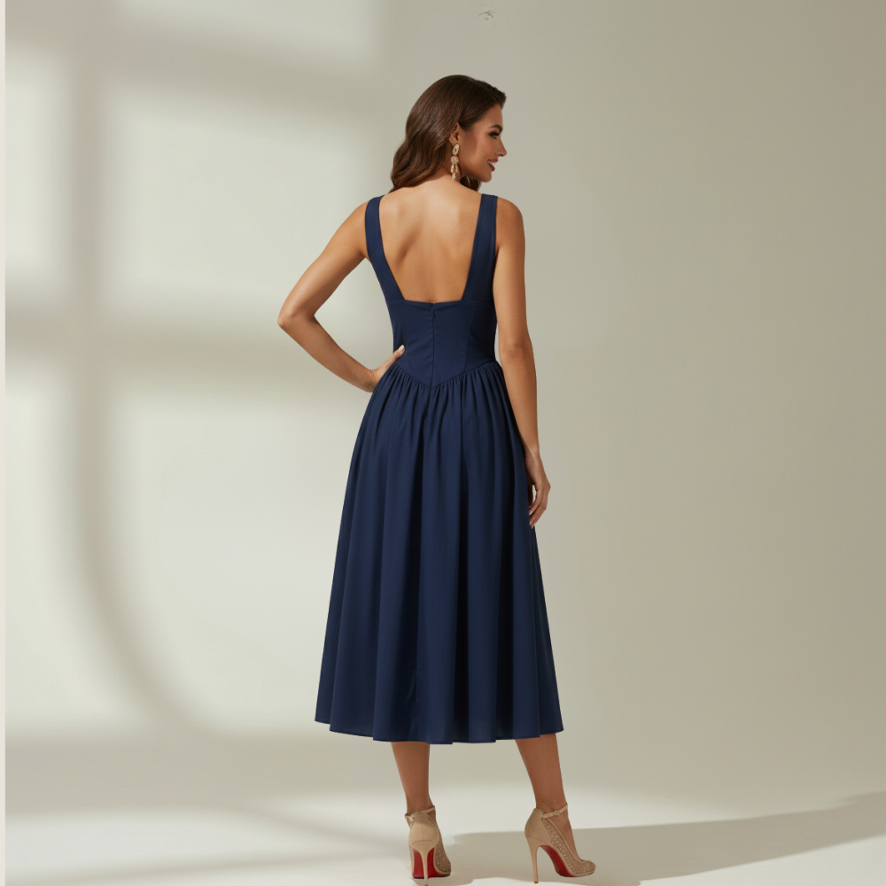 Damen Midikleid mit tiefem V-Ausschnitt und ärmellosem Oberteil-Midi Dress-Alpenkind