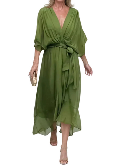 Damen Midikleid mit V-Ausschnitt, Drapierung und Taillenband-Midi Dress-Alpenkind