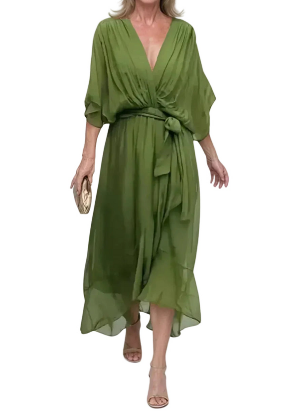 Damen Midikleid mit V-Ausschnitt, Drapierung und Taillenband-Midi Dress-Alpenkind