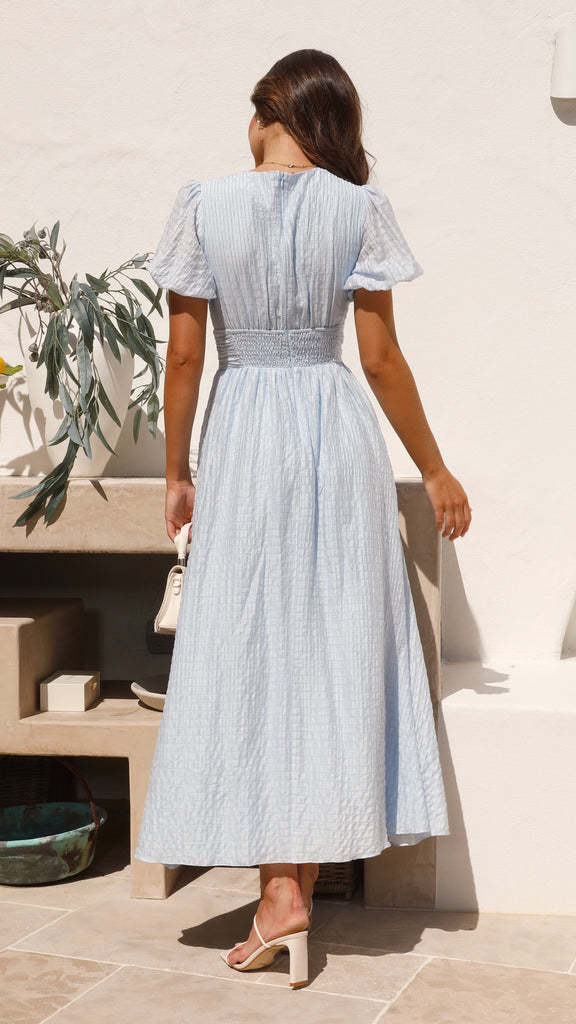 Damen Midikleid mit V-Ausschnitt, Knopfleiste, Puffärmeln und geraffter Taillennaht-Midi Dress-Alpenkind