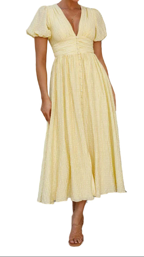 Damen Midikleid mit V-Ausschnitt, Knopfleiste, Puffärmeln und geraffter Taillennaht-Midi Dress-Alpenkind