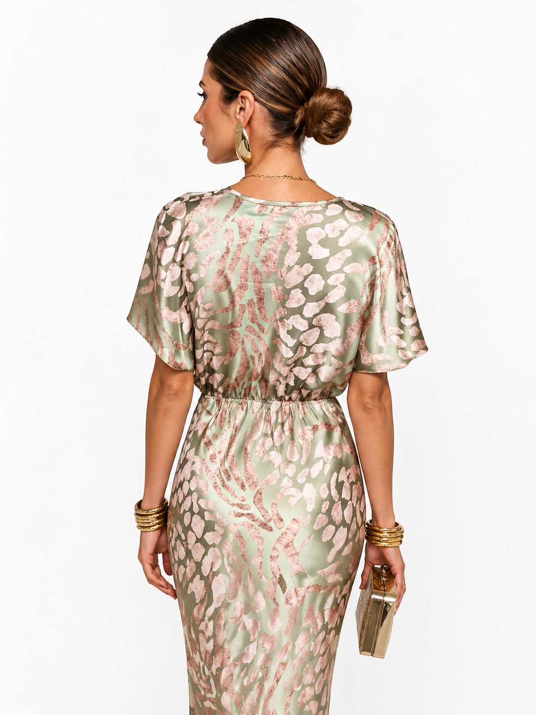 Damen Midikleid mit V-Ausschnitt, Kurzarm und Taillenknoten-Midi Dress-Alpenkind